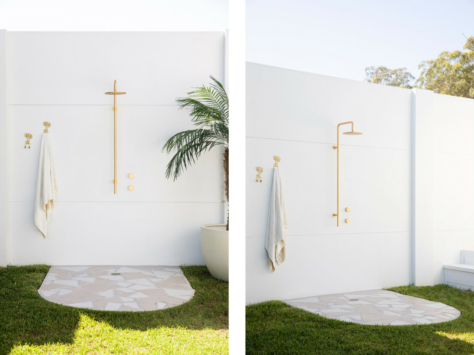 An outdoor shower area featuring gold tapware and feature tiles to make a statement