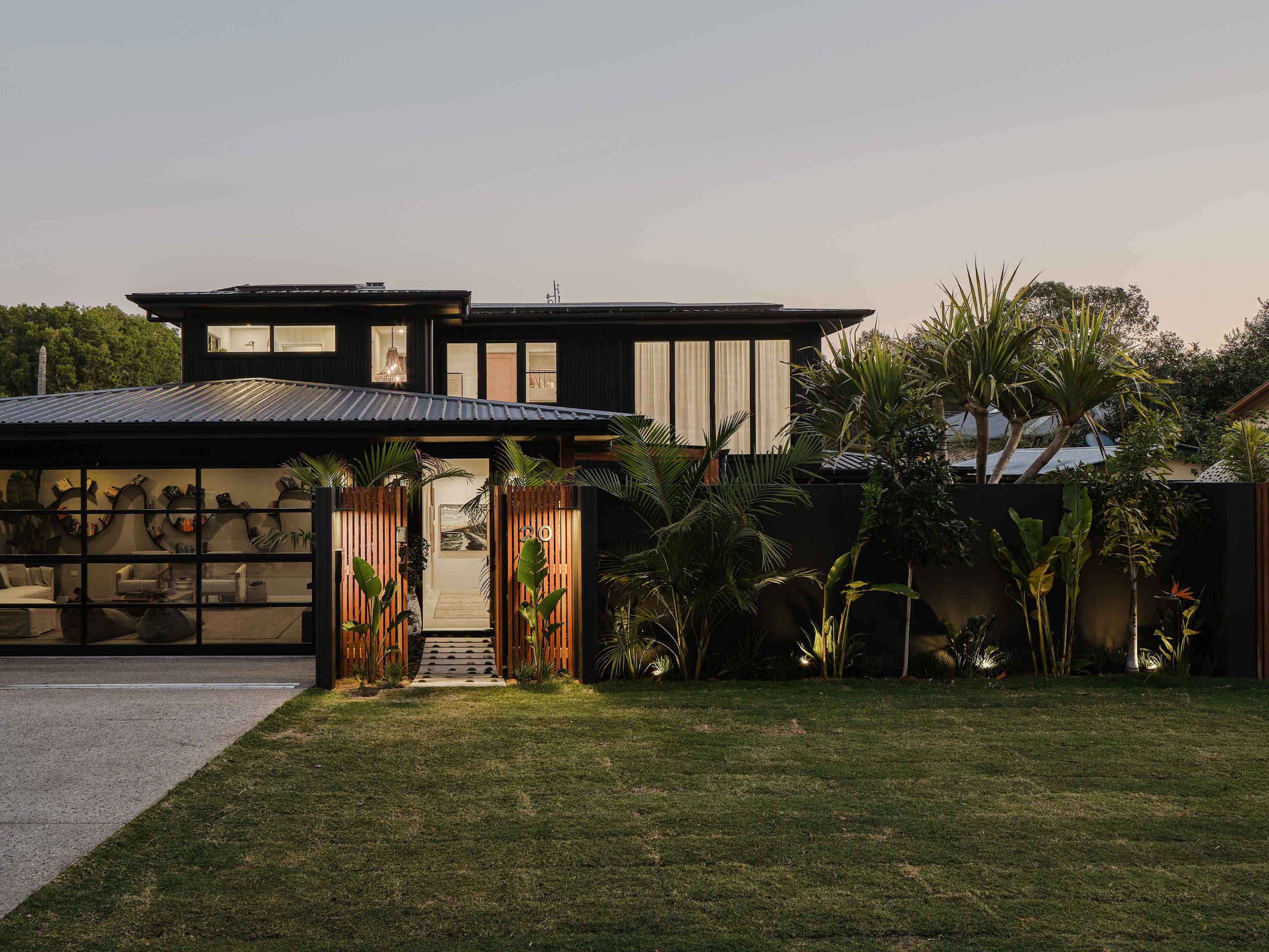 Outdoor spotlights highlight features and landscaping