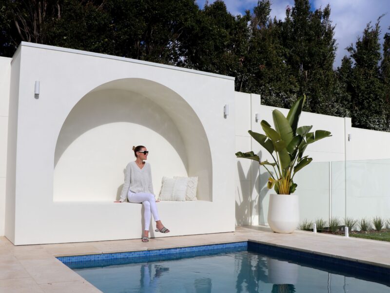 Alhana Friend enjoying her modern Mediterranean inspired pool area with a VogueWall boundary wall.