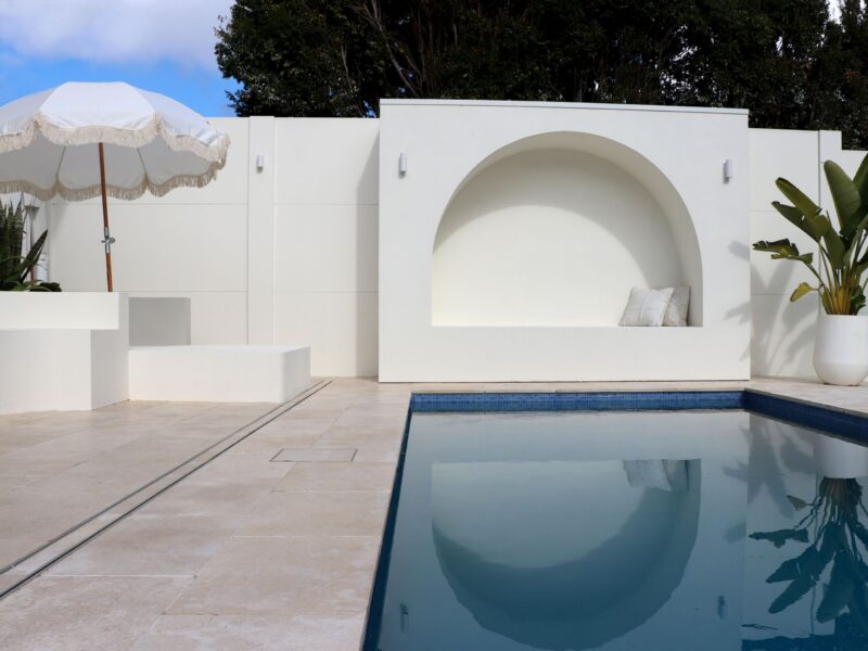 Alhana Friend's modern Mediterranean backyard featuring a VogueWall boundary wall